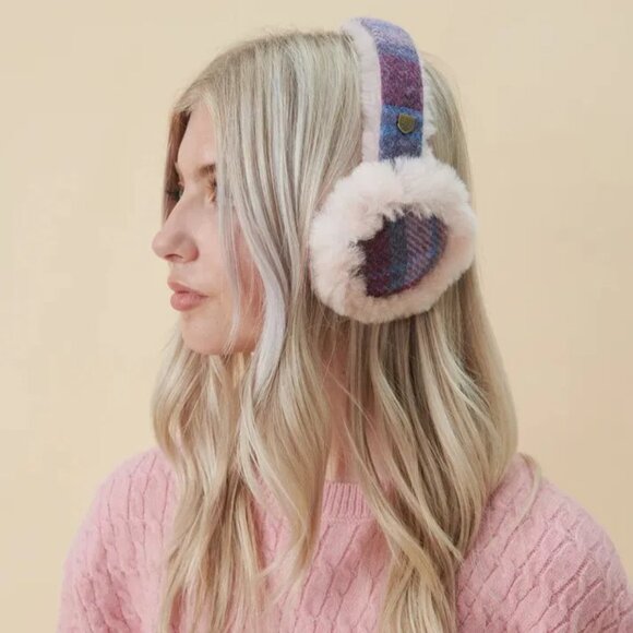New Tags Harris Tweed Sheepskin Earmuffs Pink Blue Tartan (Scotland) - Picture 1 of 3